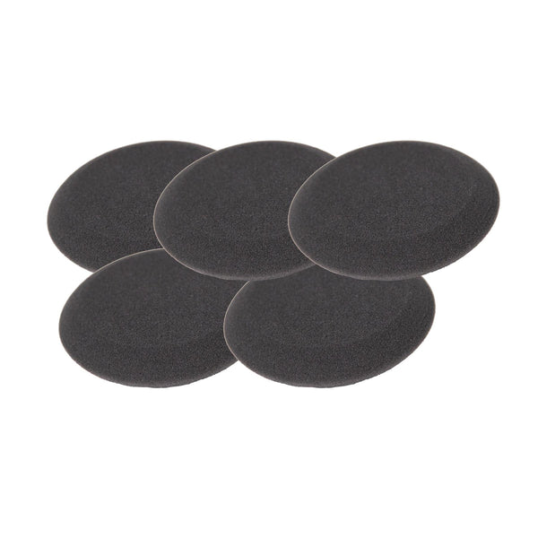 Five black, round, porous foam pads for car detailing are stacked on a white background.