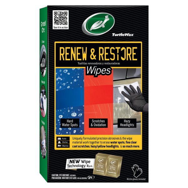 Turtle Wax Renew & Restore Wipes remove water spots, scratches & hazy headlights. For auto, home, and marine. Gloves included. Turtle Wax Renew & Restore Wipes remove water spots, scratches & hazy headlights. For auto, home, and marine. Gloves included.