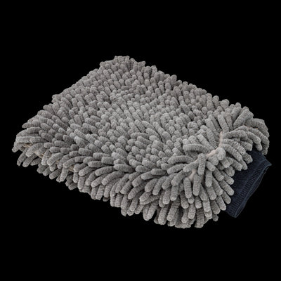 Gray wash mitt with plush microfiber chenille. Car cleaning tool shown against black backdrop. Gray wash mitt with plush microfiber chenille. Car cleaning tool shown against black backdrop.