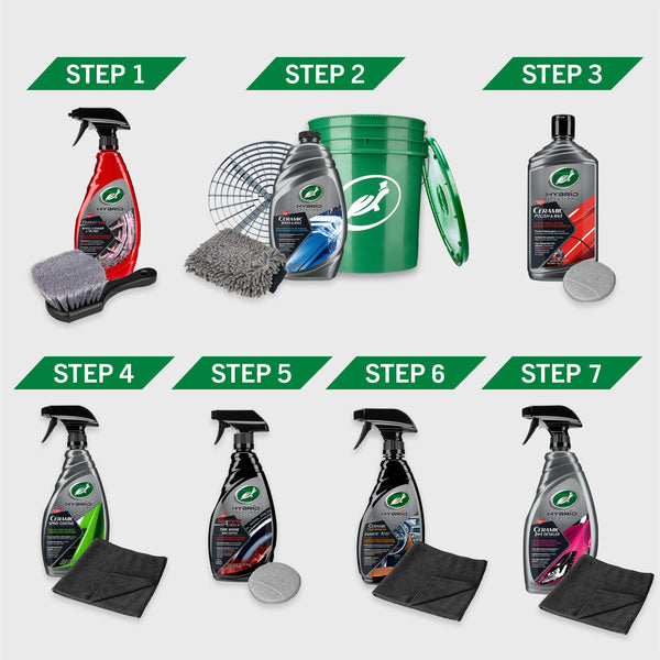 Turtle Wax Hybrid Solutions for car detailing: Wheel cleaner, ceramic wash, polish, spray coating, tire shine, interior cleaner, & 3-in-1 detailer.