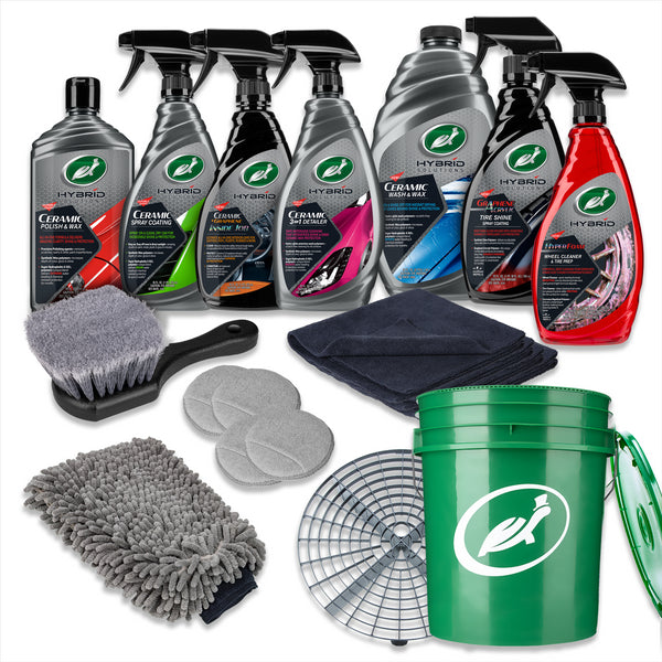 Turtle Wax car care kit. Ceramic polish, spray coating, and wash & wax are included with tire shine and wheel cleaner. Turtle Wax car care kit. Ceramic polish, spray coating, and wash & wax are included with tire shine and wheel cleaner.