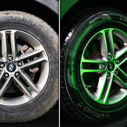 Car wheel before & after cleaning. Dirty Kumho tire & wheel vs. shiny, clean rim, and tire with Turtle Wax product.