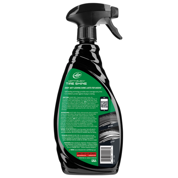 Turtle Wax Wet'n Black Tire Shine spray bottle. See before & after tire shine results. Protects, self-levels for wet-looking, deep black shine.