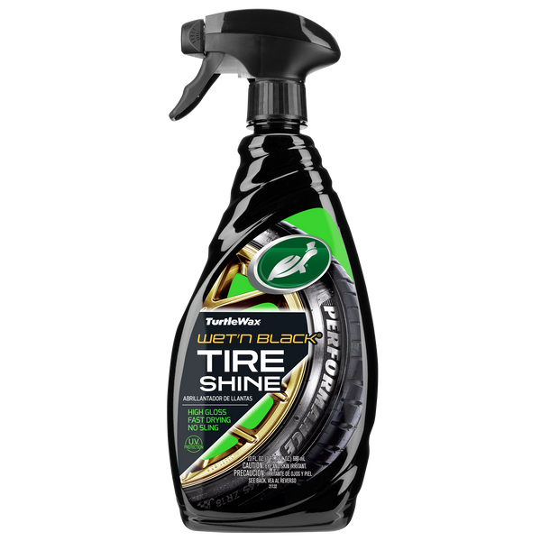 Turtle Wax Wet'n Black tire shine spray bottle. The packaging promises high shine, fast drying, and no sling for car tires. Turtle Wax Wet'n Black tire shine spray bottle. The packaging promises high shine, fast drying, and no sling for car tires.