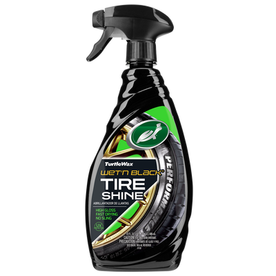 Turtle Wax Wet'n Black tire shine spray bottle. The packaging promises high shine, fast drying, and no sling for car tires. Turtle Wax Wet'n Black tire shine spray bottle. The packaging promises high shine, fast drying, and no sling for car tires.