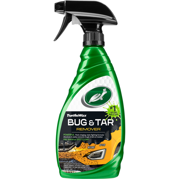Turtle Wax Bug & Tar Remover in green spray bottle. Powerful formula dissolves residue. Before & after car image on label. Turtle Wax Bug & Tar Remover in green spray bottle. Powerful formula dissolves residue. Before & after car image on label.