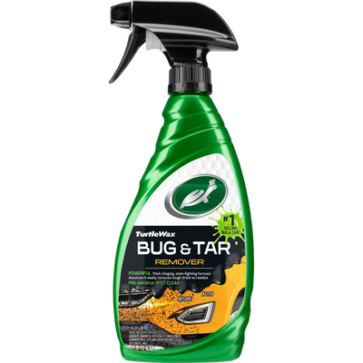 Turtle Wax Bug & Tar Remover in green spray bottle. Powerful formula dissolves residue. Before & after car image on label. Turtle Wax Bug & Tar Remover in green spray bottle. Powerful formula dissolves residue. Before & after car image on label.