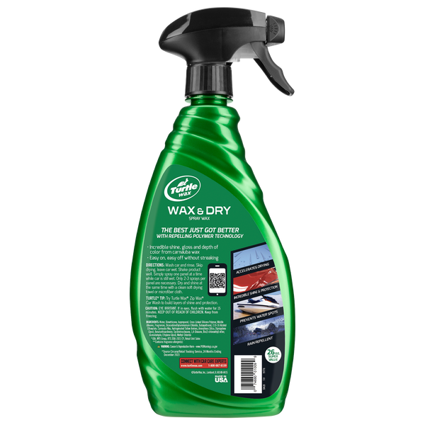 Green Turtle Wax spray bottle. Wax & Dry formula with polymer tech. Rain repellent, accelerates drying, provides incredible shine & protection. US made.