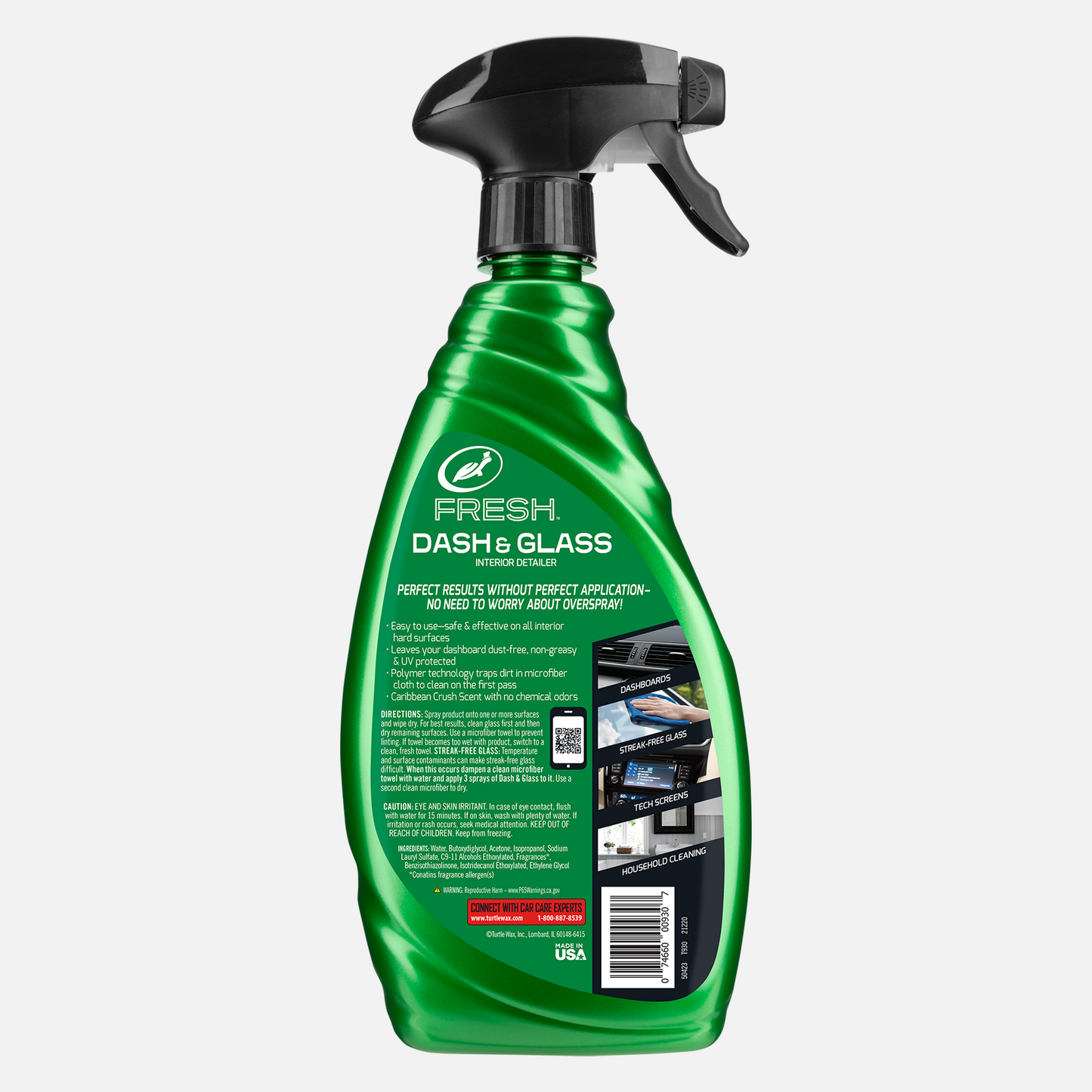 Turtle Wax dash & glass interior detailer in green bottle with black sprayer. Cleans car dashboards, glass, & tech screens. US-made.