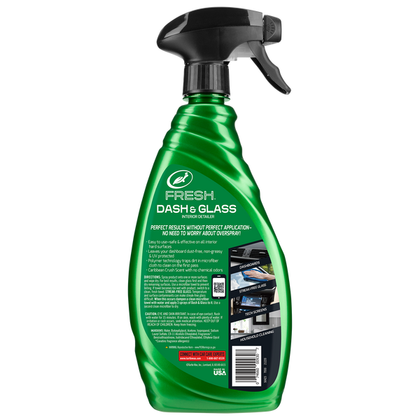 Turtle Wax dash & glass interior detailer in green bottle with black sprayer. Cleans car dashboards, glass, & tech screens. US-made.