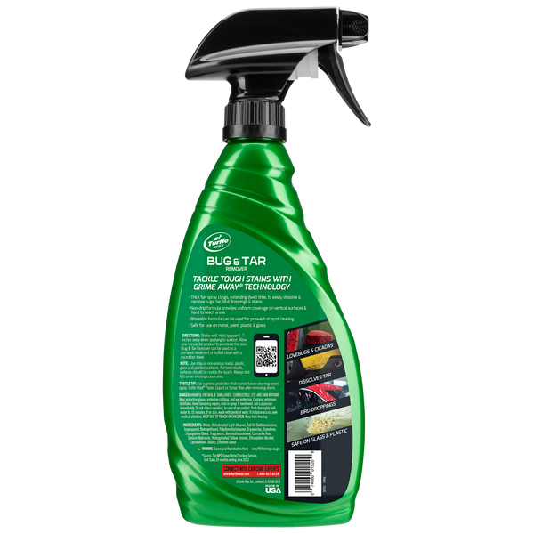 Green spray bottle of Turtle Wax Bug & Tar Remover tackles tough stains. Dissolves tar, bird droppings, lovebugs, and cicadas. Safe on plastic & glass.