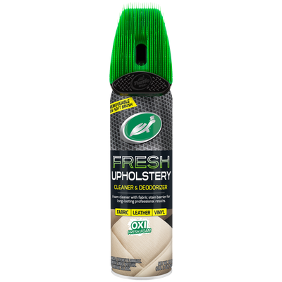 Turtle Wax Upholstery Cleaner, carpet and fabric stain and odor eliminator. It has a green brush-top applicator for car interiors. Turtle Wax Upholstery Cleaner, carpet and fabric stain and odor eliminator. It has a green brush-top applicator for car interiors.