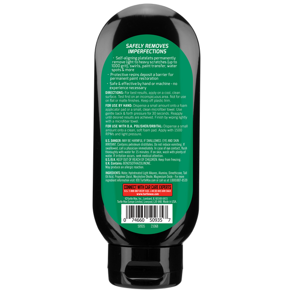 Turtle Wax car scratch remover bottle, in black. Restores auto paint, removes imperfections like swirls, and works on light to heavy damage.