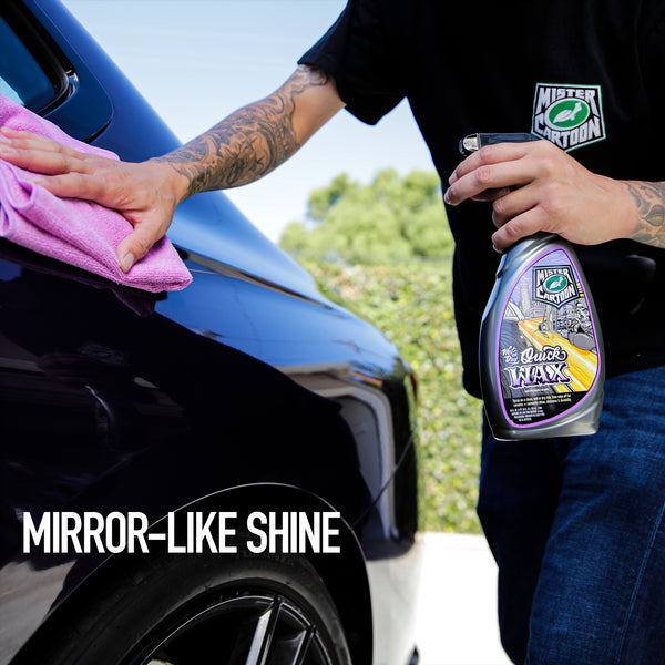Detailing a glossy car finish with quick shine. Man uses cloth to buff with Turtle Wax-inspired Mister Cartoon brand. Car care & maintenance.