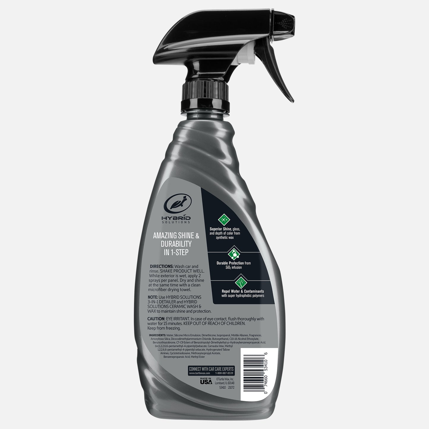 Car shine in a spray! Hybrid Solutions car care offers durable protection from water, plus SiO2 infusion, in a 26 oz bottle.