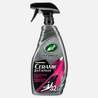 Turtle Wax Hybrid Solutions Ceramic 3-in-1 Detailer in a 32 oz spray bottle for waterless car cleaning, shine, and protection. Turtle Wax Hybrid Solutions Ceramic 3-in-1 Detailer in a 32 oz spray bottle for waterless car cleaning, shine, and protection.