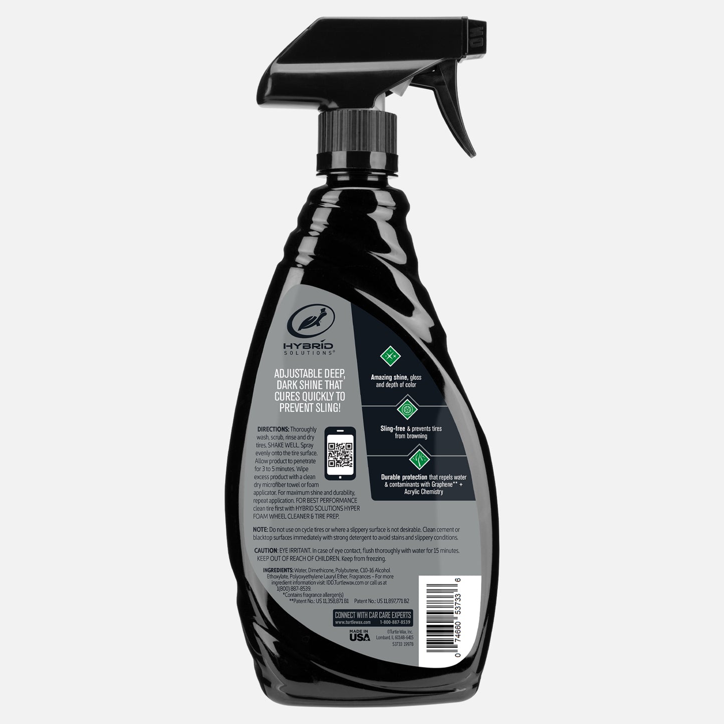 Hybrid Solutions Tire Shine spray. Graphene and acrylic formula. Get amazing shine and durable tire protection. Turtle Wax product.