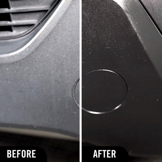 Turtle Wax Hybrid Solutions graphene acrylic plastic restorer for restoring vehicle trim. Before and after comparison shown.