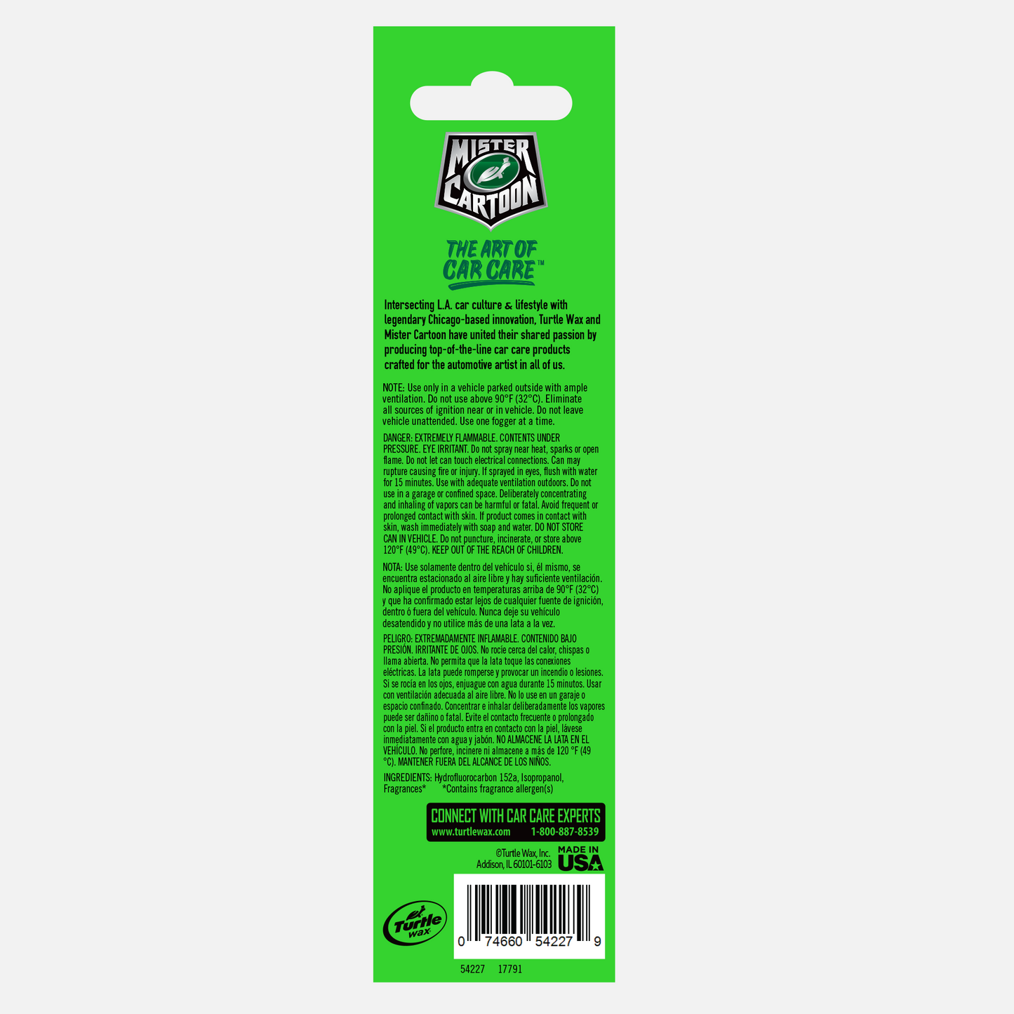 Car odor eliminator by Mister Cartoon & Turtle Wax; automotive air freshener for auto detailing. Aerosol spray can. Made in the USA.