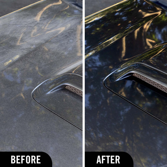 Before and after comparison of a car's exhaust pipe with visible cleaning results after using Turtle Wax 1& Done detailer.