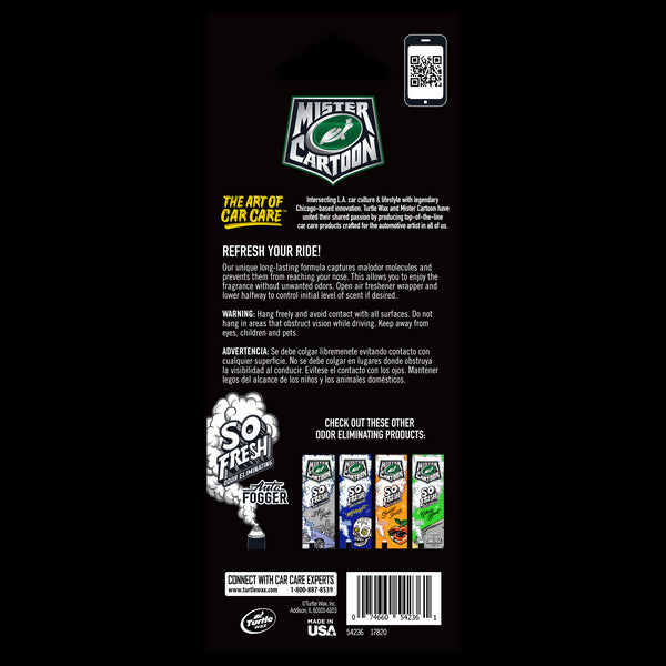 Mister Cartoon auto scents by Turtle Wax! Eliminates odors with long-lasting fragrance. Available in various scents.  Made in USA.