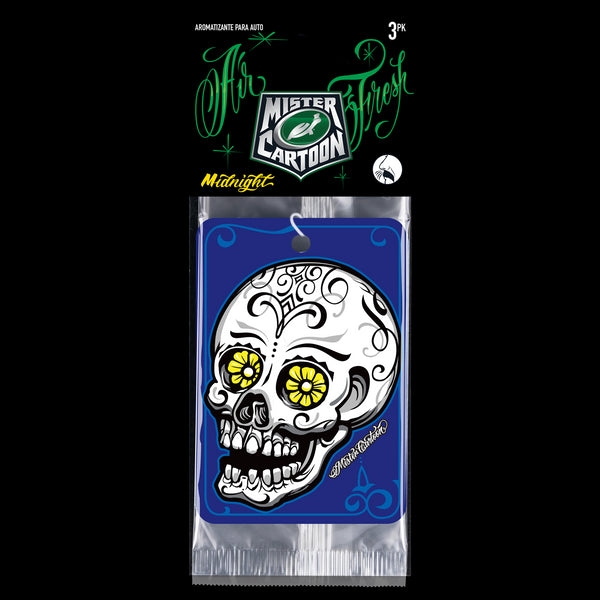 A 3-pack of "Midnight" scented paper fresheners with a white skull design and yellow flower eyes on a blue background by Mister Cartoon.