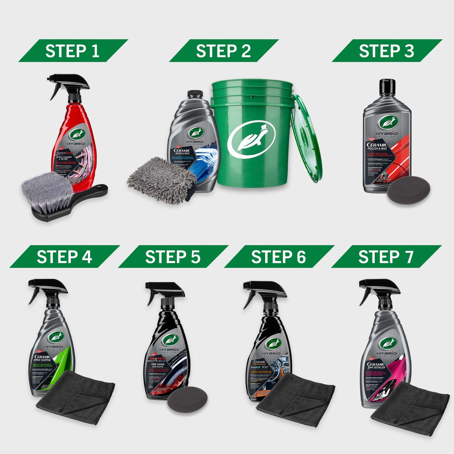 Turtle Wax Hybrid Solutions for car detailing: Wheel cleaner, ceramic wash, polish, spray coating, tire shine, interior cleaner, & 3-in-1 detailer.