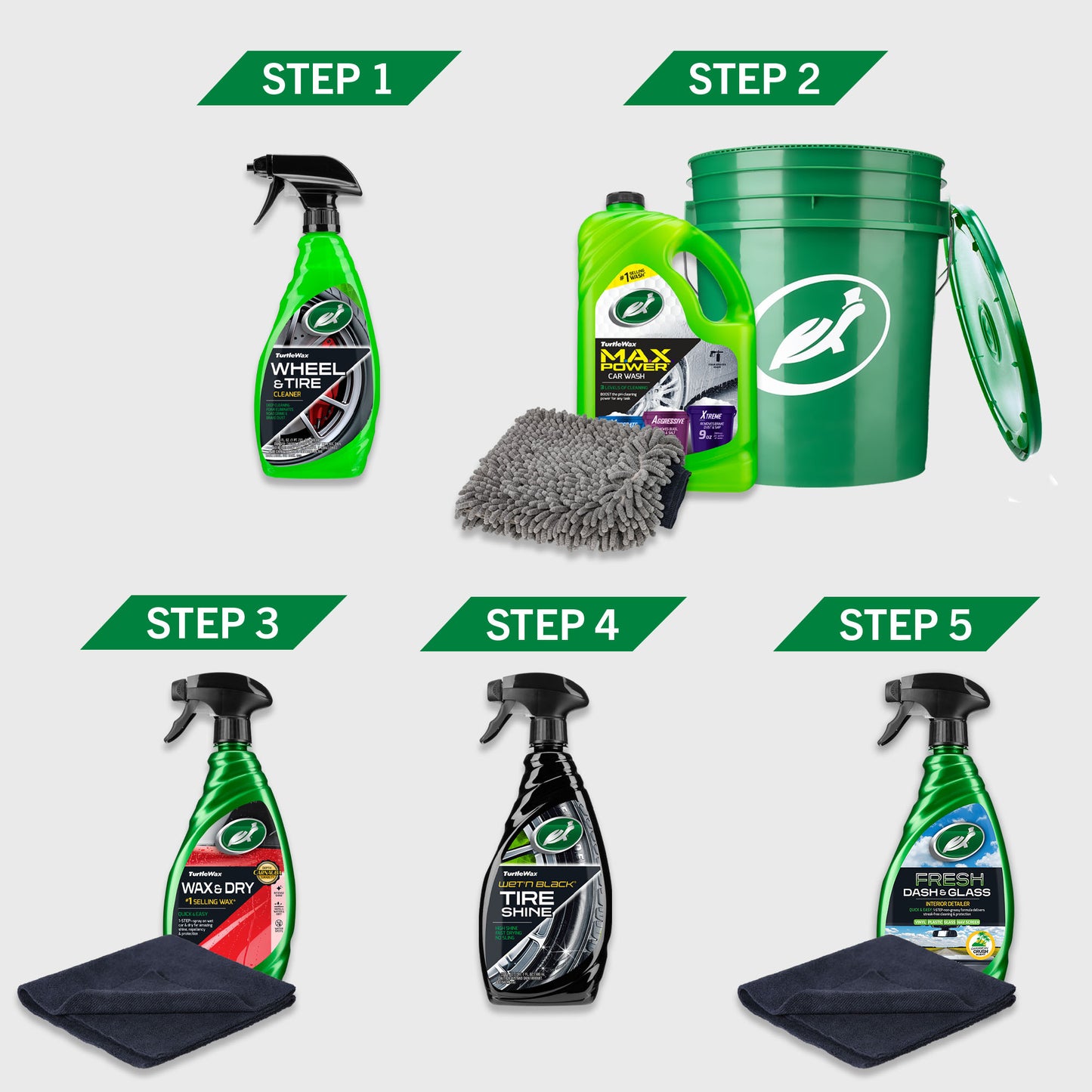 Five steps to clean your car! Turtle Wax wheel & tire cleaner, car wash soap, wax, tire shine, and interior detailer for a sparkling auto.