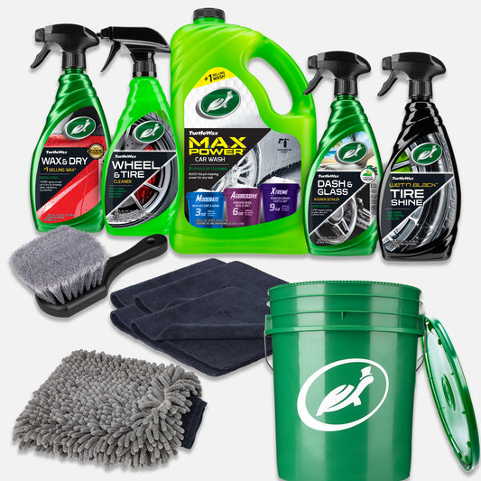 Complete car care with Turtle Wax! This auto detailing kit includes car wash, wax, wheel cleaner, dash, tire shine, and cleaning tools.