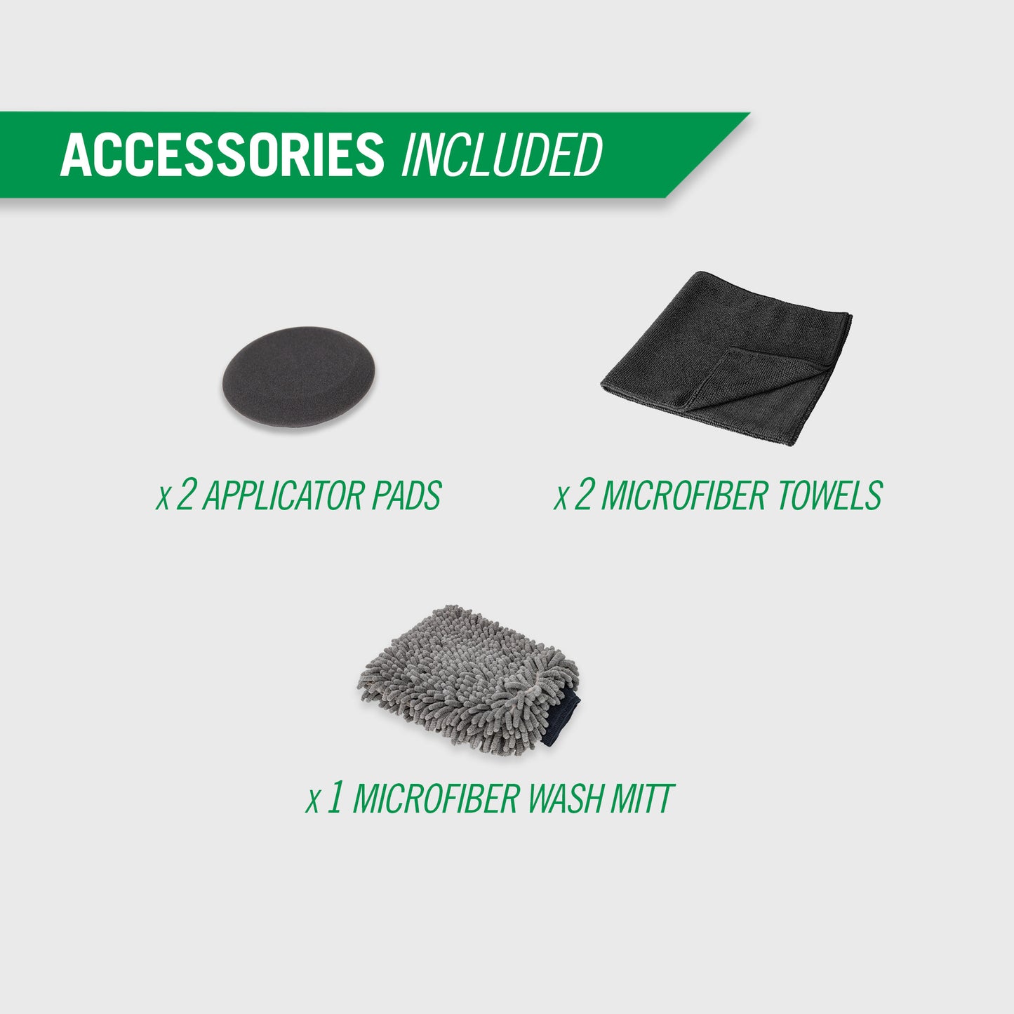 Car cleaning accessories: wheel brush, microfiber towels, wash mitt, & applicator pads. For auto detailing and car washing.