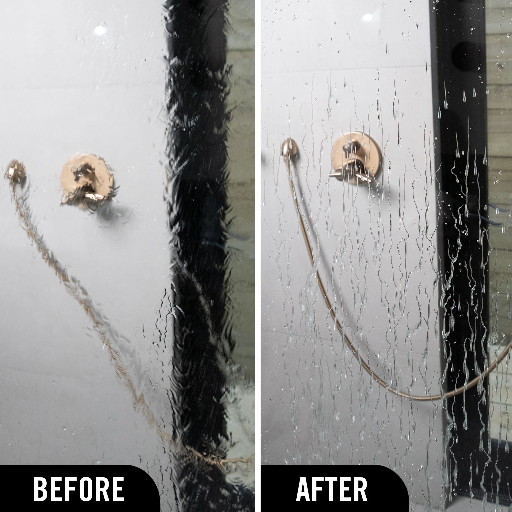 Before and after comparison of a shower head with water stains on a glass door.