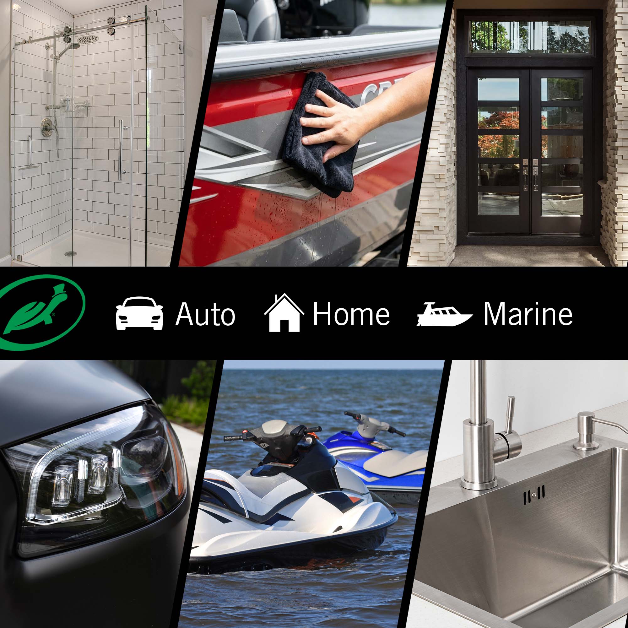 Collage of images showing various products and settings with icons for Auto, Home, and Marine categories.
