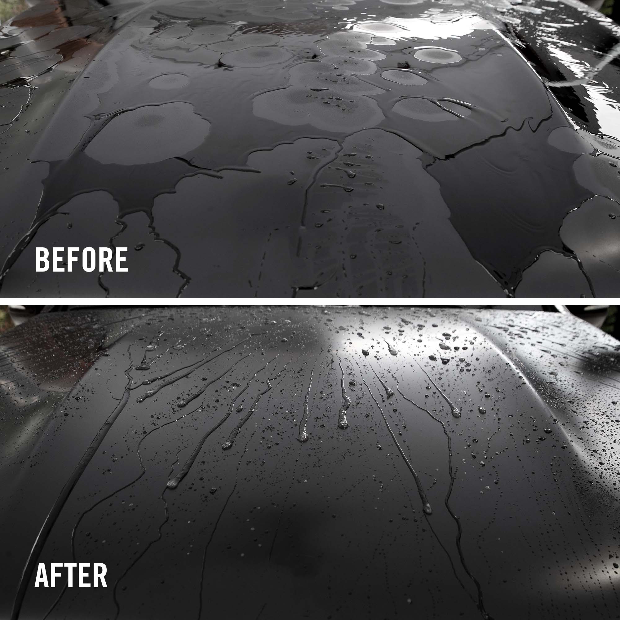 Before and after comparison of a car's paint surface with visible cracks and imperfections.