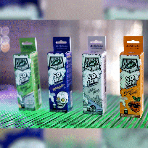 Four Mister Cartoon So Fresh air freshener boxes, including Midnight scent, are shown with colorful, cartoonish designs on their packaging.