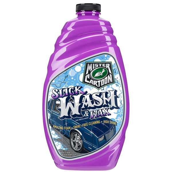 Purple bottle of Mister Cartoon, with a Turtle Wax logo, car wash & wax product. Illustration of a blue car on the label.
