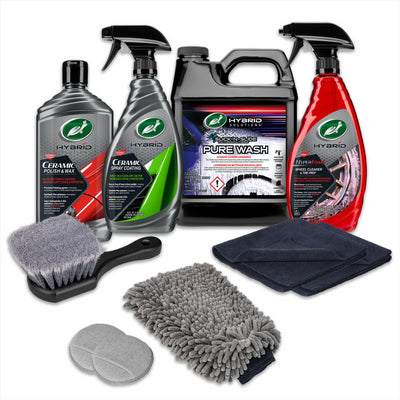 Turtle Wax car detailing kit for exterior care. Includes wheel cleaner, polish, coating, wash, mitts, pads & brush. USA optimized. Turtle Wax car detailing kit for exterior care. Includes wheel cleaner, polish, coating, wash, mitts, pads & brush. USA optimized.