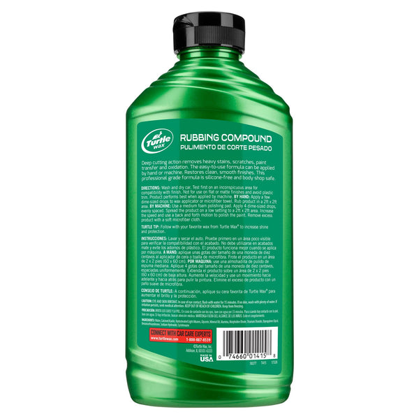Green bottle of Turtle Wax Rubbing Compound. Silicone-free formula removes scratches and oxidation for a clean finish. Car detailing.