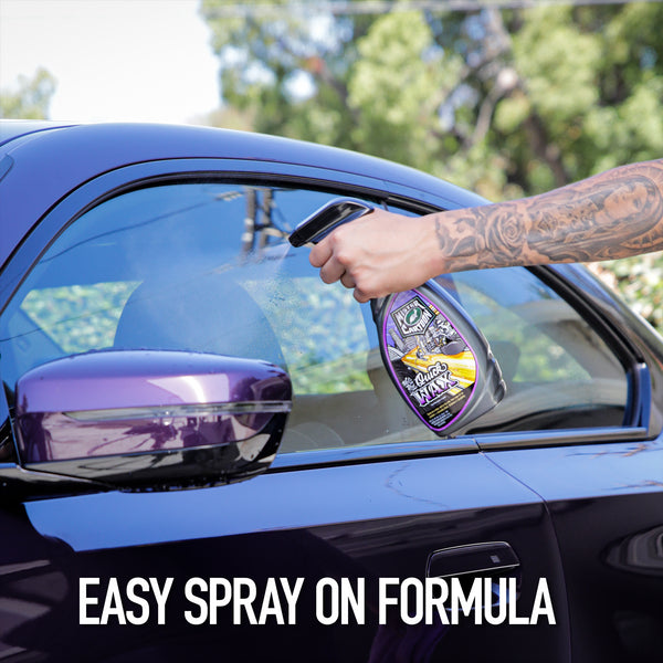 Detailing a car with Quick Wax spray. Mister Cartoon product application for auto care.