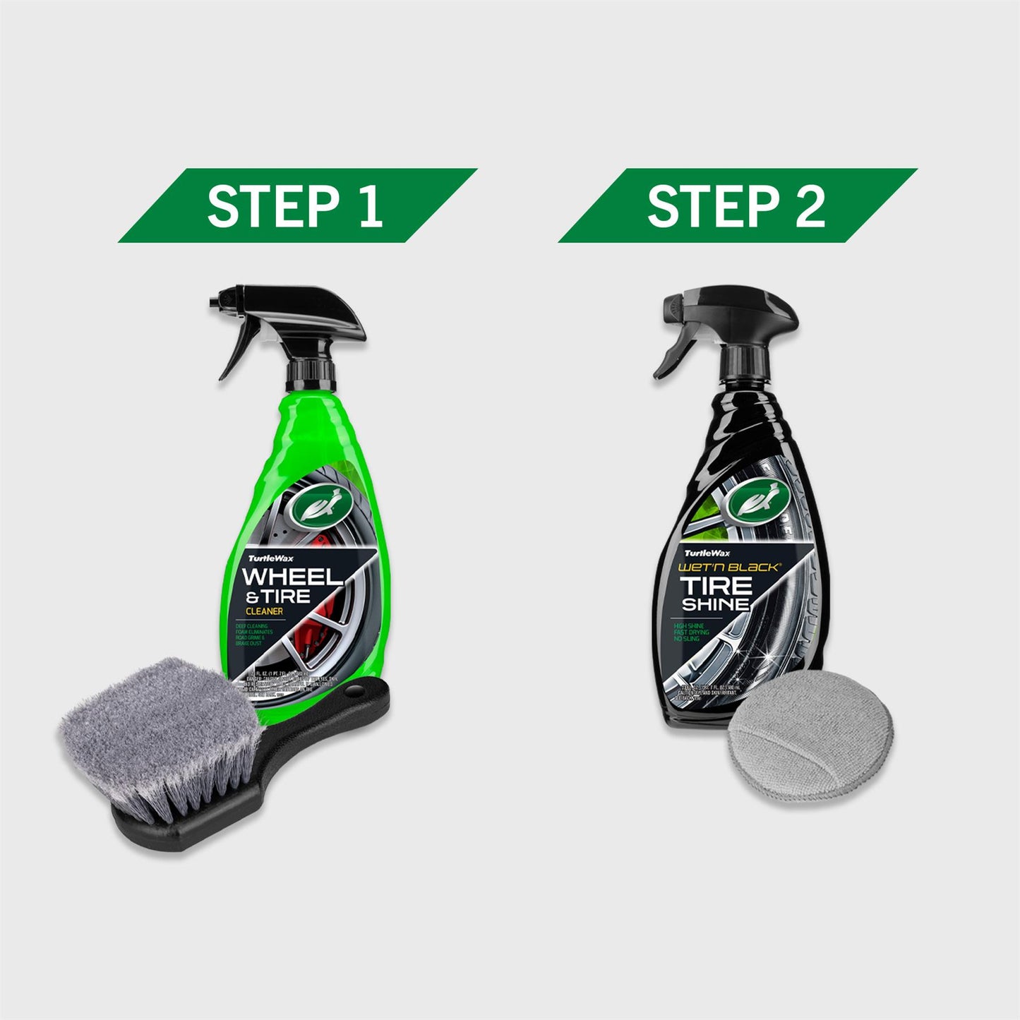 Turtle Wax shows two-step wheel & tire care: Step 1, cleaning spray with brush. Step 2, black wet tire shine spray with applicator.