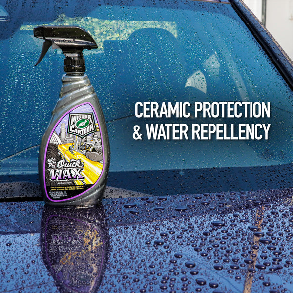 Car care: Mister Cartoon Wet or Dry Quick Wax provides ceramic protection & water repellency. Bottle sits atop a car's wet, shiny surface.