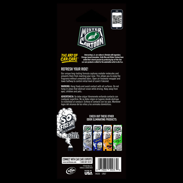 Turtle Wax Mister Cartoon Midnight scent auto air freshener. 3-pack paper hanging fragrance for cars. Odor eliminating formula. Made in USA.