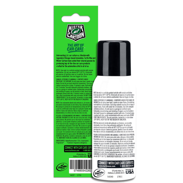 Car odor eliminator by Mister Cartoon & Turtle Wax; automotive air freshener for auto detailing. Aerosol spray can. Made in the USA.