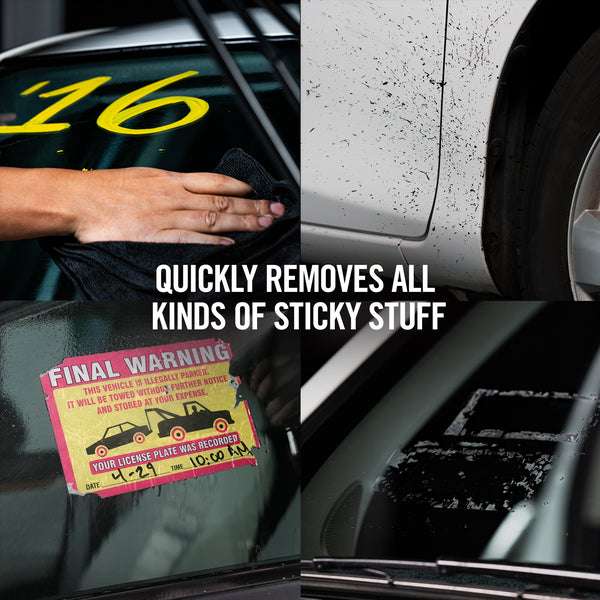 Car cleaning product helps remove residue from stickers, decals, and tree sap on auto glass and vehicle paint.