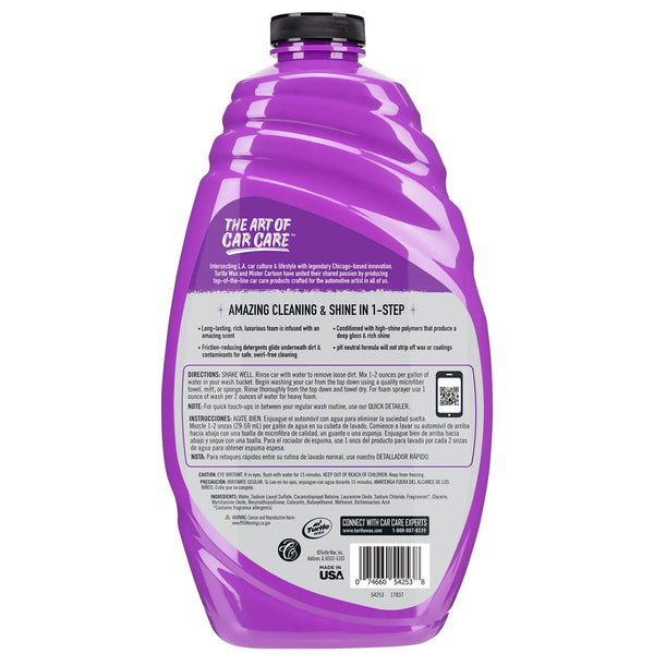 Purple bottle with "The Art of Car Care" label; an auto cleaning product from Turtle Wax & Mister Cartoon made in the USA.