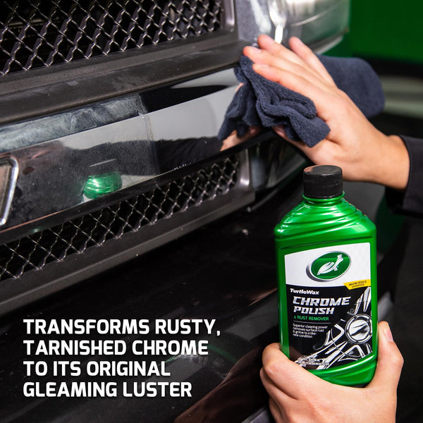 Detailing chrome with Turtle Wax Chrome Polish & Rust Remover. Restoring a shiny finish with automotive cleaning supplies.