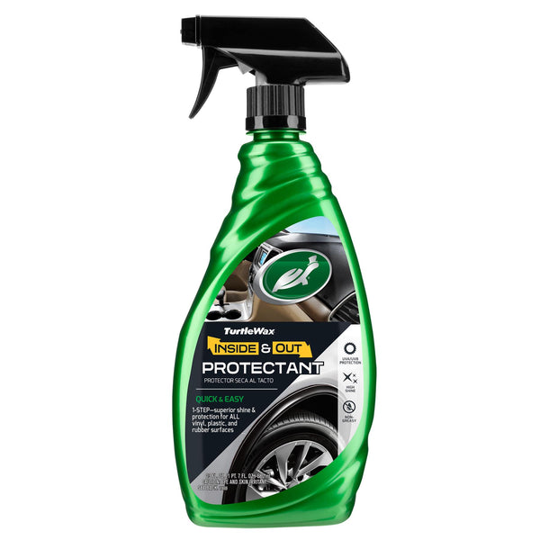 Green spray bottle of Turtle Wax Inside & Out Protectant for car interior and exterior, with tire and dashboard images on the label. Green spray bottle of Turtle Wax Inside & Out Protectant for car interior and exterior, with tire and dashboard images on the label.