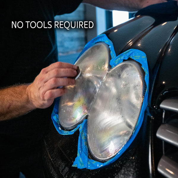 DIY car headlight restoration. Man restoring oxidized, cloudy auto lens with Turtle Wax product. Improves visibility & safety.