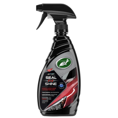 Turtle Wax ICE Seal N Shine. Black spray bottle with hybrid sealant wax, featuring car image. Long-lasting shine. Turtle Wax ICE Seal N Shine. Black spray bottle with hybrid sealant wax, featuring car image. Long-lasting shine.