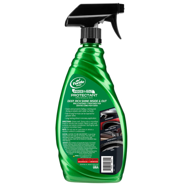 Turtle Wax inside and out car protectant in green spray bottle. Dashboard, trim, and tires pictured. Made in the USA.