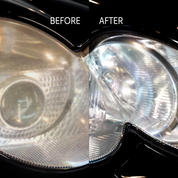 Before and after photo shows scratched, dull headlight restored to clear condition for safer night driving.